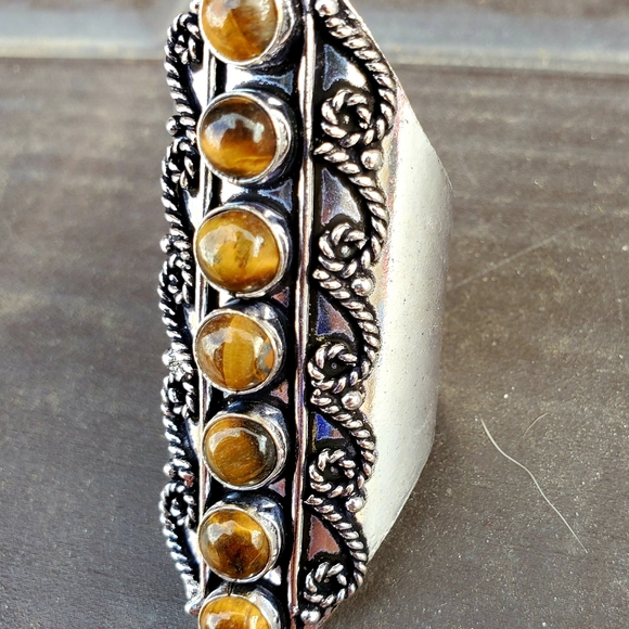 New 7 Stone Tiger Eye Adjustable Silver Statement Ring. - Picture 15 of 15